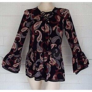 WHBM White House Black Market XS Black Cream Paisley Drop Waist Jersey Top